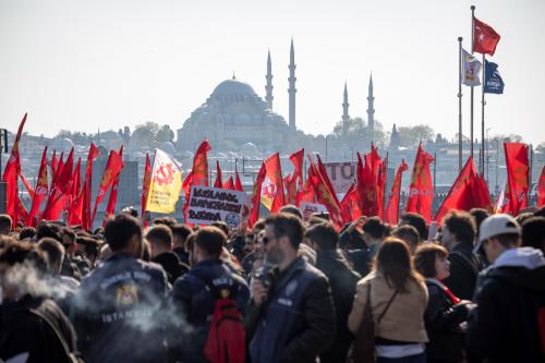 Students rally in Istanbul after the arrest of Mayor Ekrem İmamoğlu, denouncing the AKP and President Recep Tayyip Erdoğan.